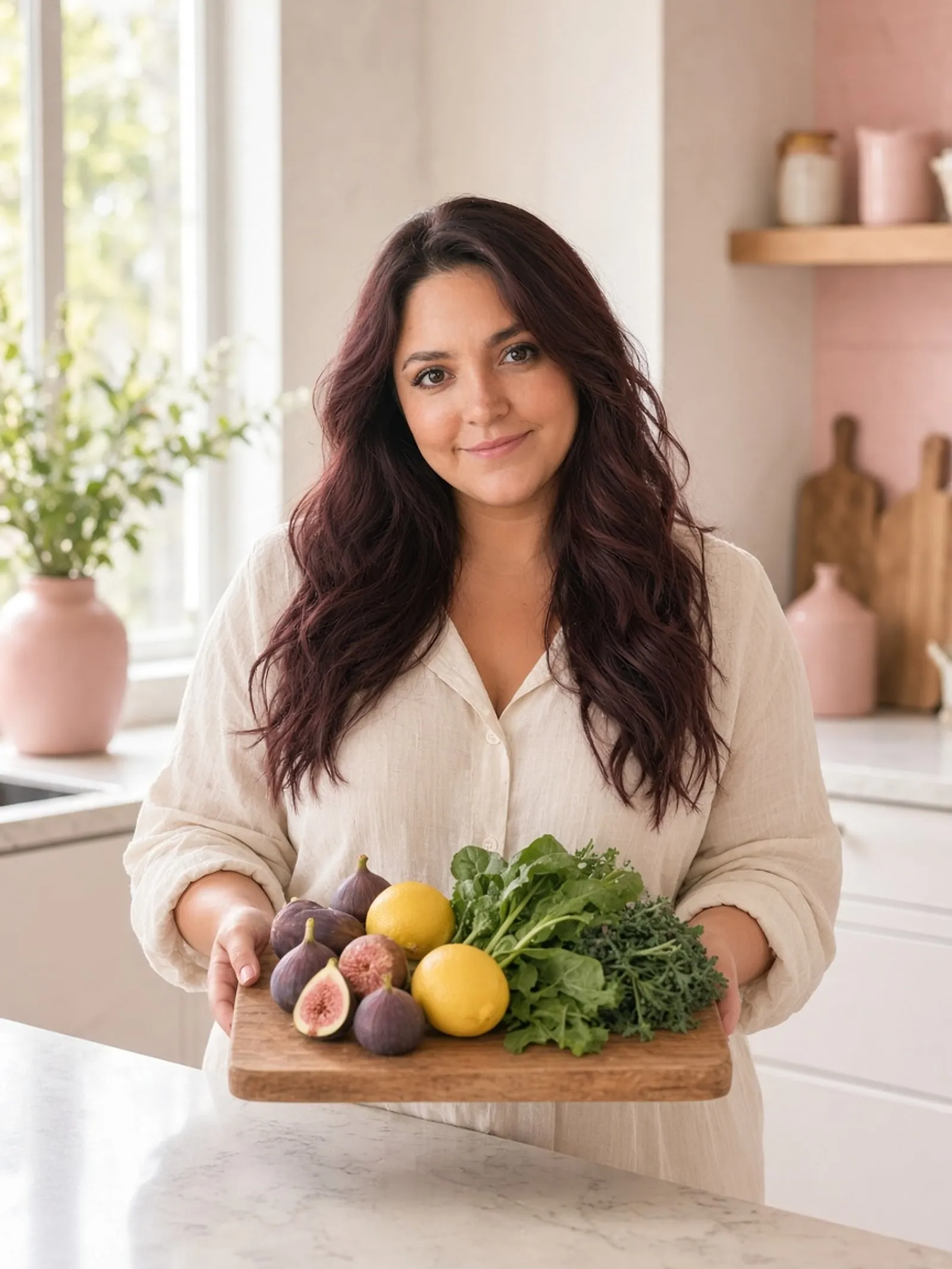Ashley Art, Registered Dietitian Nutritionist, smiling in a bright kitchen with fresh produce.