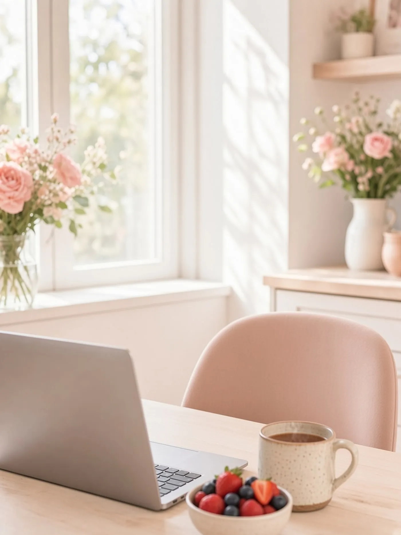 A sunlit kitchen table with an open laptop, tea, and fresh berries.