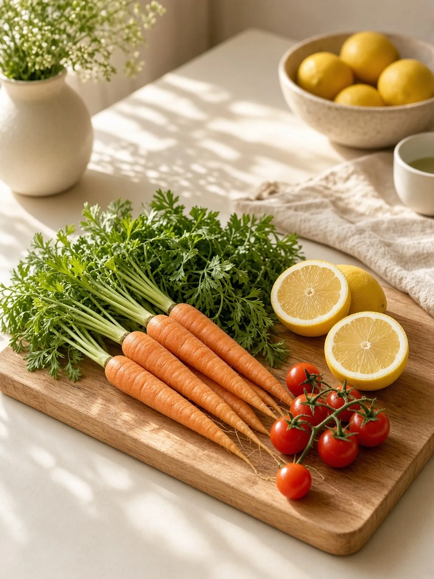 Fresh vegetables and lemon on a wooden cutting board in a sunlit cream kitchen.