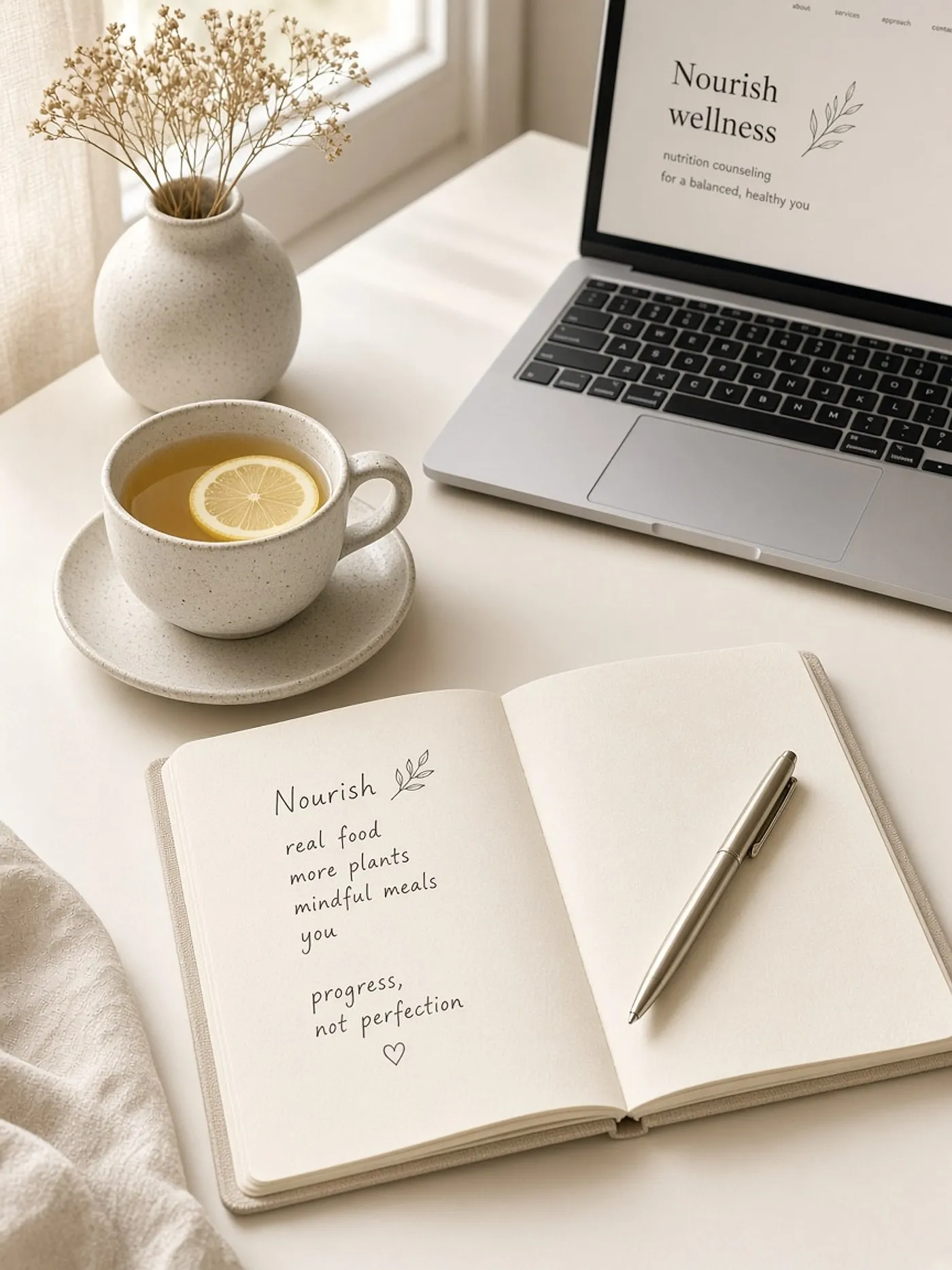 An open notebook, pen, tea, and laptop on a bright table ready for a conversation.